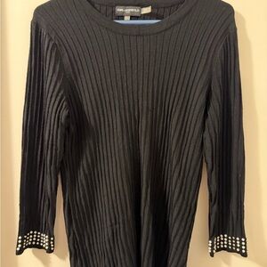Karl Lagerfeld Black Ribbed Women's Sweater Sz M with rhinestones and pearl cuff